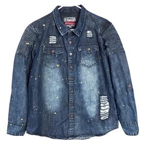 GS-115 Mens Limited Edition Moto Denim Paint Splatter Button Front Shirt Sz XL
